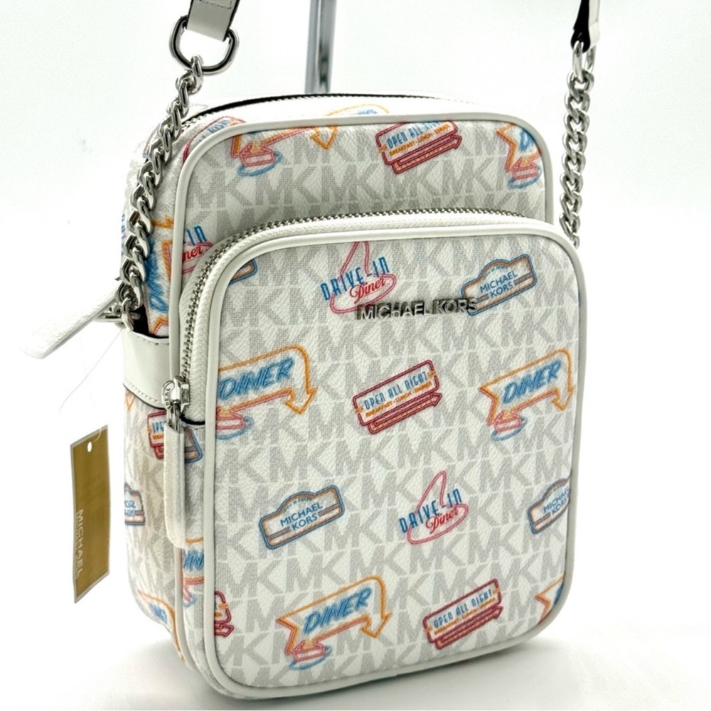 Michael Kors Jet Set Medium Printed Signature Logo Crossbody Bag Optic White